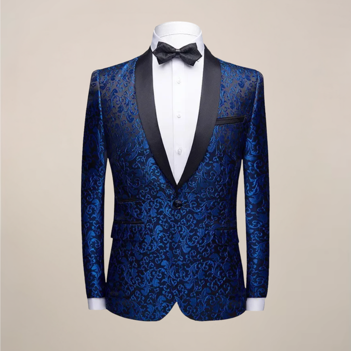 Men's black slim fit tuxedo blazer for formal events, weddings & galas. Elegant evening wear.