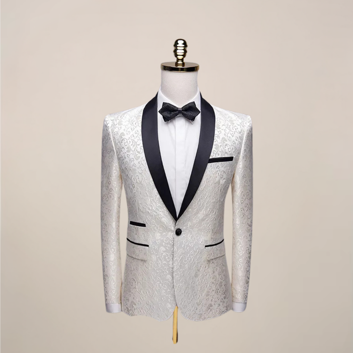 Close-up of men's sleek black slim fit tuxedo blazer fabric. High-quality formal event wear.