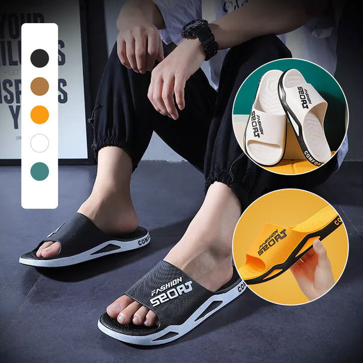 Side view of a man wearing blue sport slide sandals, great for athletic and leisure