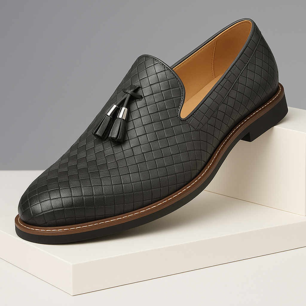 Men's black textured tassel loafers, smart casual dress shoes for men's fashion