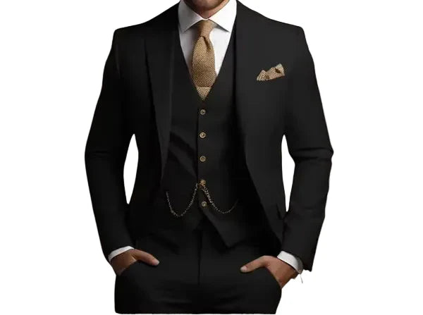 Sharp gray slim fit men's three-piece suit, ideal formal event or wedding attire for a modern man.