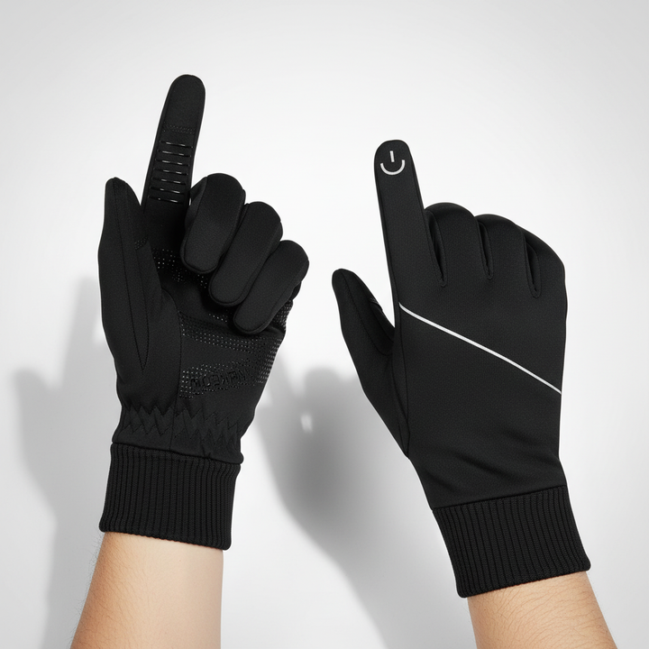 Stylish men's outdoor gear: touchscreen winter gloves, perfect for staying warm & connected.