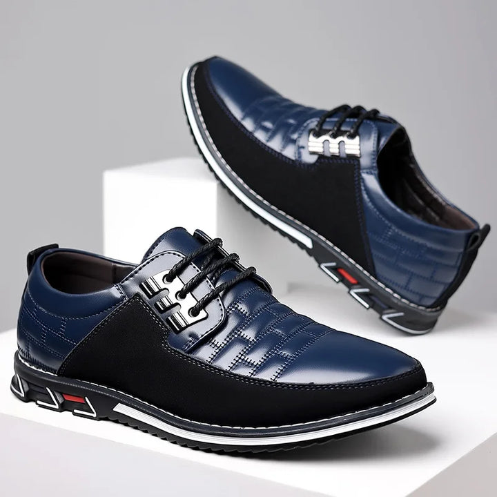 Close-up of men's vegan leather hybrid oxfords, highlighting the intricate woven texture and craftsmanship.
