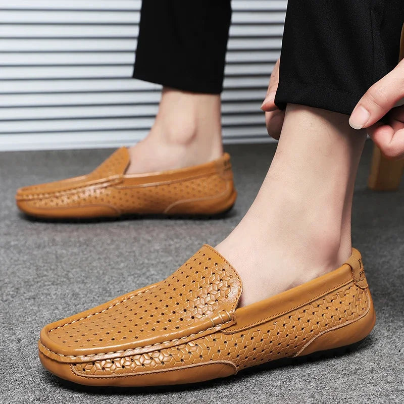Pair of men's brown slip-on woven loafers, top view, highlighting comfort footwear for casual wear.