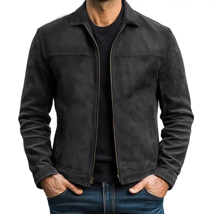 Stylish army green men's fashion jacket, biker style, zip-up. Long sleeve outerwear, great for casual elegance.