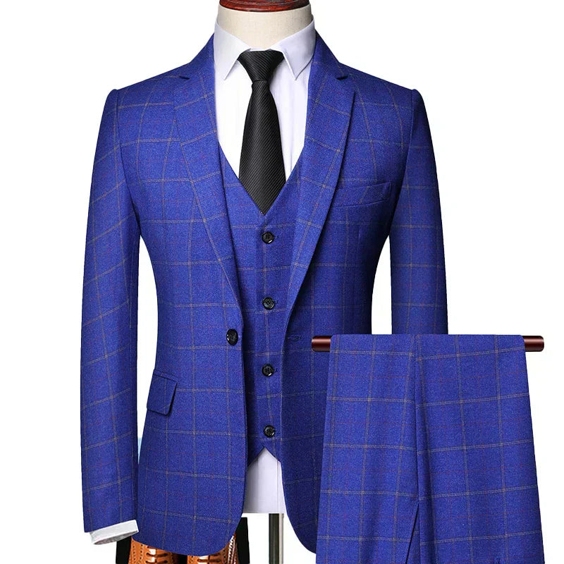 Men's blue windowpane plaid three-piece suit set, perfect for spring business or formal events