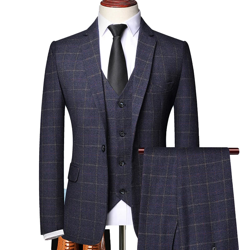 Close-up of black windowpane plaid fabric on a men's spring suit, showcasing detailed weave