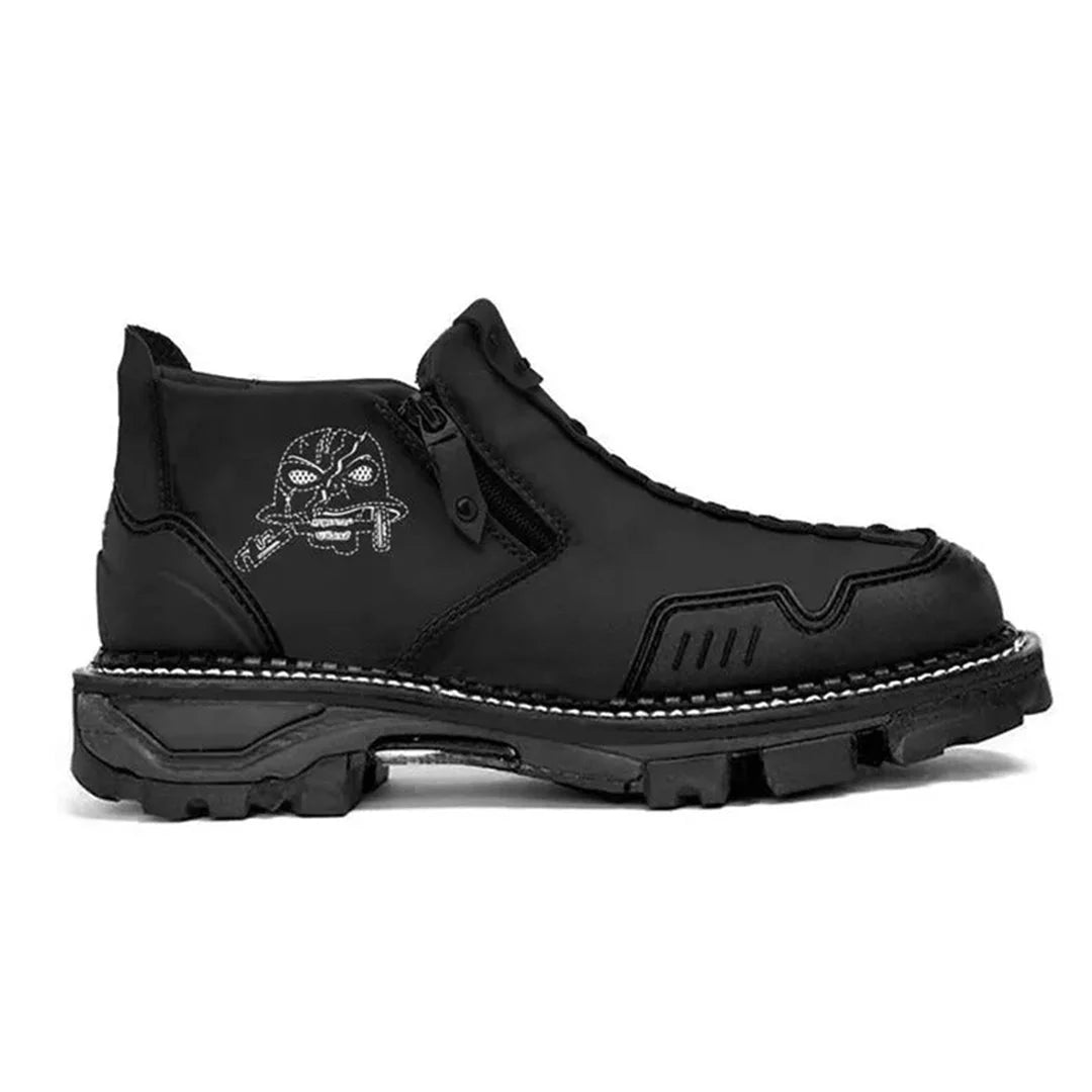 Stylish men's edgy skull ankle boots. Durable construction, comfortable for casual wear and bold fashion statements.