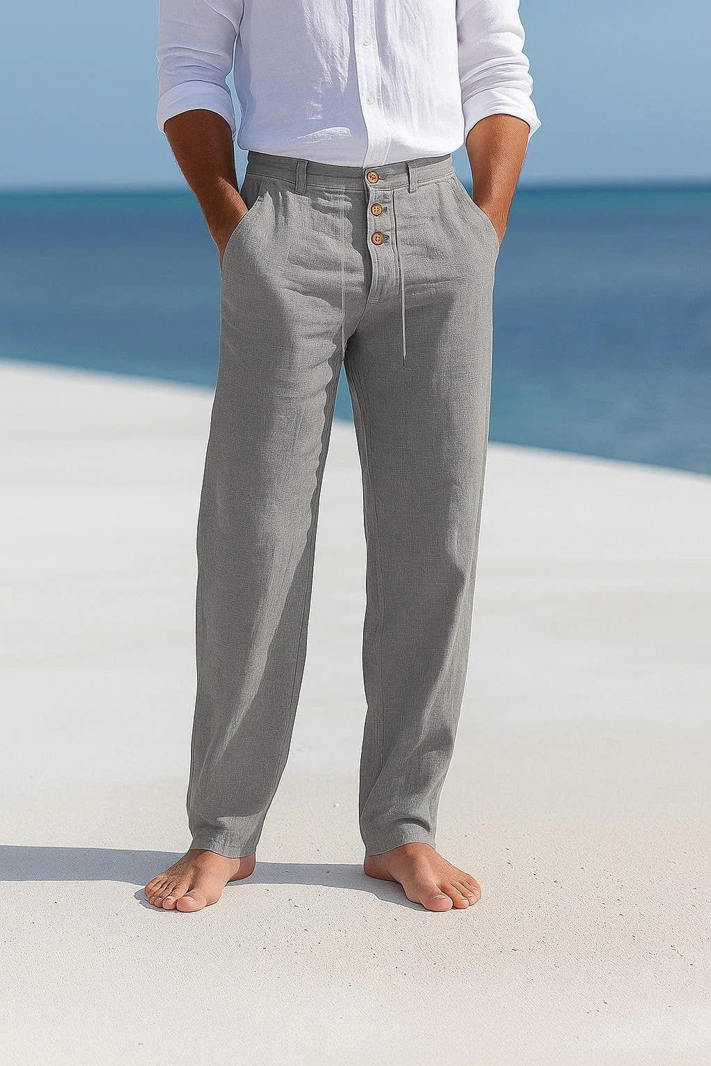 Menswear summer chino pants, designed for breathability and comfort in warm climates.
