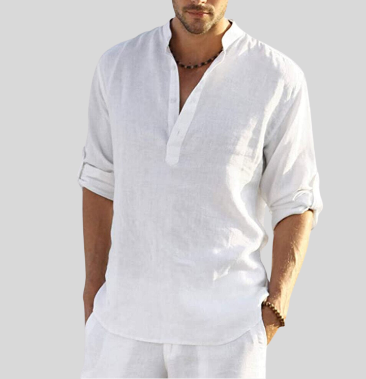 Men's breathable long sleeve Henley shirt in a relaxed fit, perfect for casual summer wear.