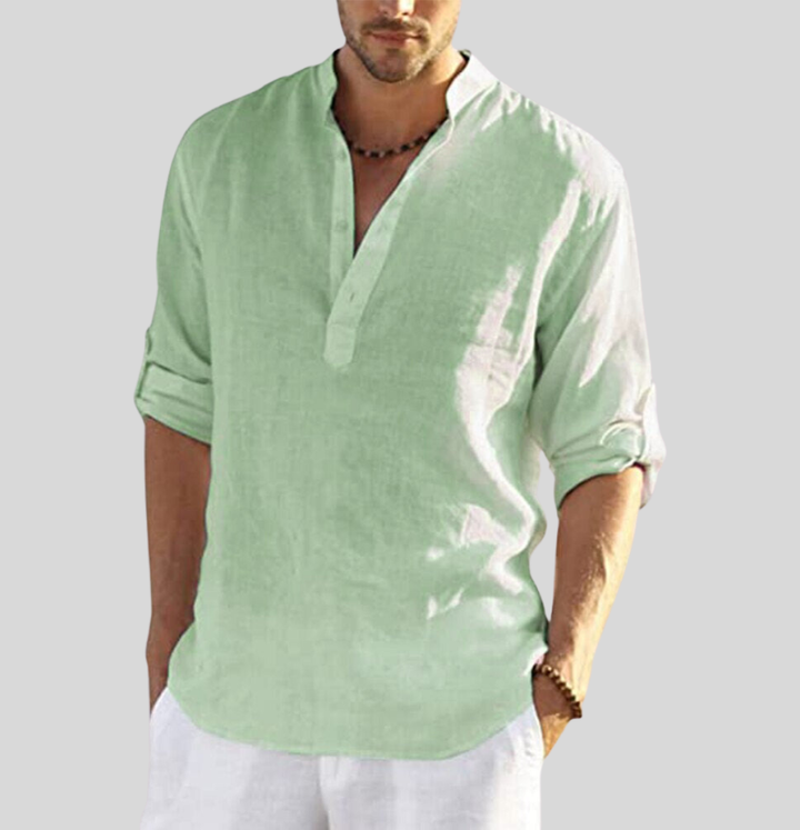 Close-up of the button collar on a men's breathable long sleeve Henley shirt, showing quality detail.