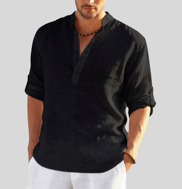 Essential men's summer top: A breathable long sleeve Henley shirt designed for comfort & men's fashion.