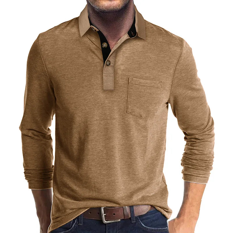 Stylish men's collared shirt, long sleeve polo for versatile fashion. Great for autumn layering.