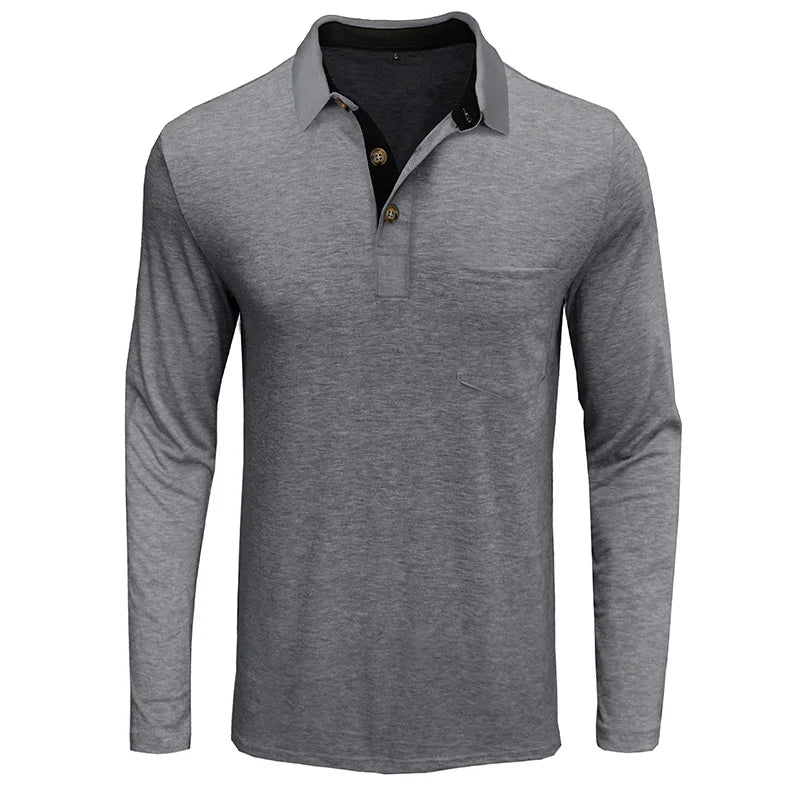 Front view of a men's long sleeve polo shirt, emphasizing breathable fabric & smart casual appeal.