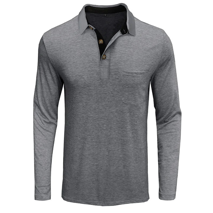 Front view of a men's long sleeve polo shirt, emphasizing breathable fabric & smart casual appeal.