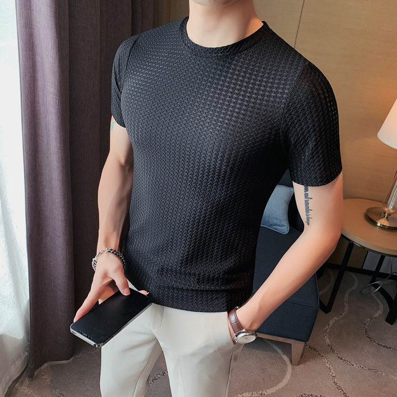Men's casual short-sleeve t-shirt in a vibrant color, made with breathable mesh ice silk for summer.