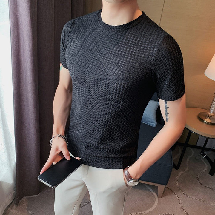Men's casual short-sleeve t-shirt in a vibrant color, made with breathable mesh ice silk for summer.