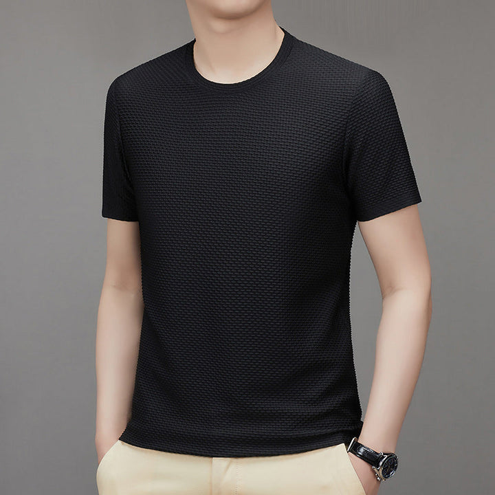 Model wearing a men's ice silk short-sleeve t-shirt, showcasing the casual summer style.