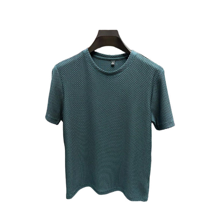 Front view of a men's black ice silk short-sleeve t-shirt with visible mesh texture, comfortable summer wear.