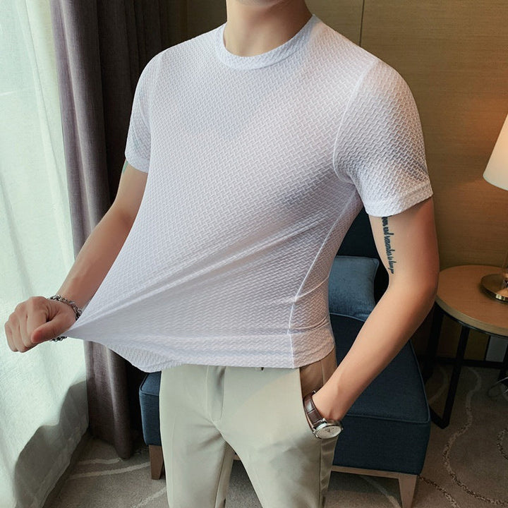 Side view of a men's breathable short-sleeve t-shirt, highlighting the mesh design for summer.