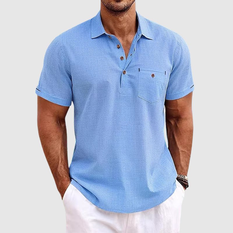 Men's breathable polo shirt with chest pocket, perfect for summer casual wear. Classic fit, short sleeve style.