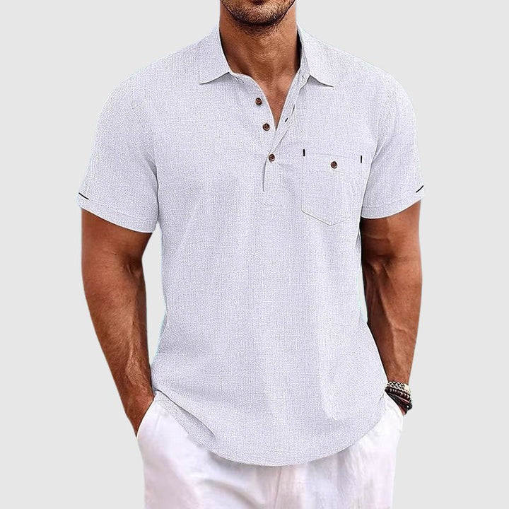 Versatile men's short sleeve polo shirt, offering breathable comfort & a chest pocket for everyday fashion.