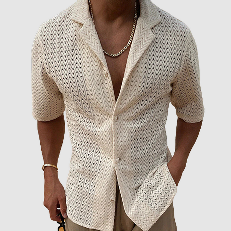 Lightweight men's casual button-down shirt with a breathable fabric and elegant wave pattern, ideal for summer.