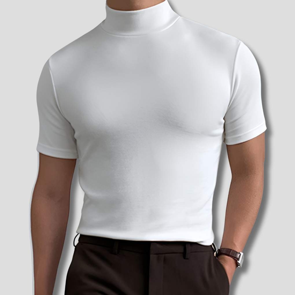 Men's breathable short-sleeve turtleneck, perfect for casual summer comfort and daily style. Lightweight pull-on shirt.