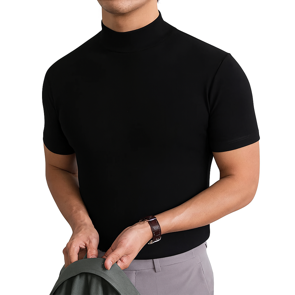 Breathable men's short-sleeve turtleneck top, ideal for summer fashion and casual wear. Comfortable daily shirt style.