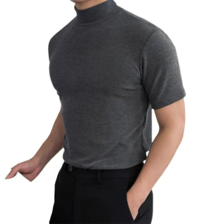 Stylish men's short-sleeve turtleneck for summer. Breathable fabric ensures comfort for casual and daily wear. Pull-on top.