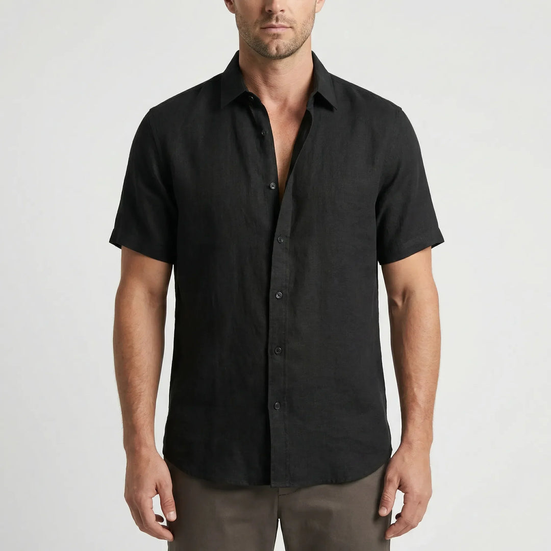 Breathable men's casual short sleeve button-down shirt. Lightweight relaxed fit, essential summer wear.