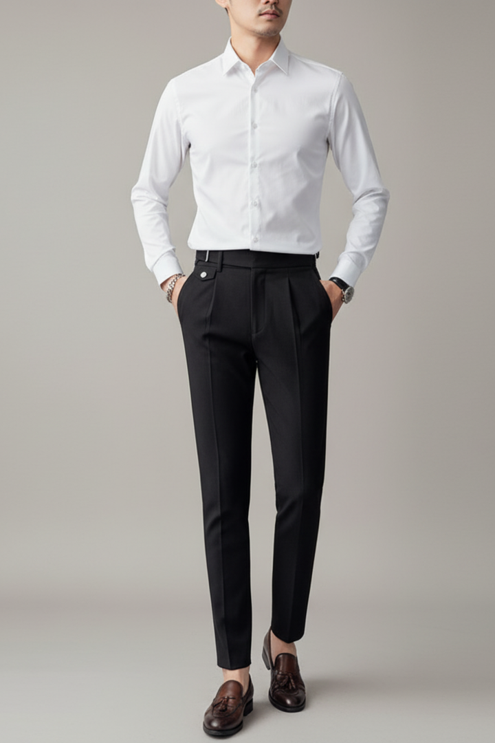 Elegant men's pleated business trousers, classic design, perfect for smart casual & professional office attire.