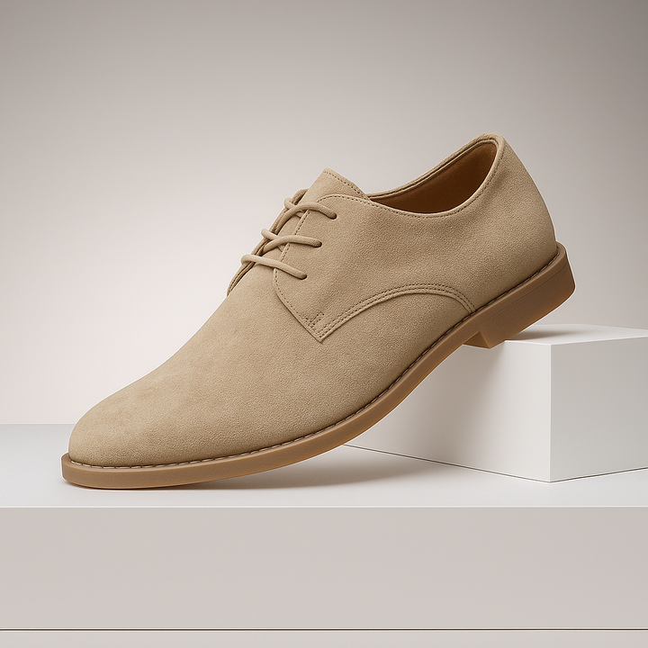 Close-up of the textured brown suede on a men's Derby shoe, highlighting the quality material.