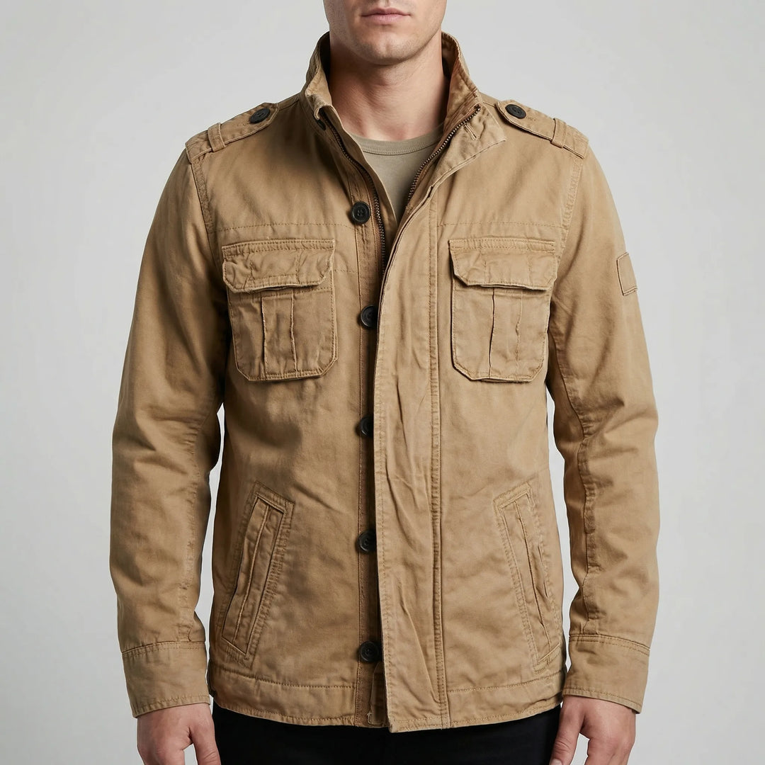 Front view of a men's casual camouflage jacket, combining military style with modern rugged fashion.