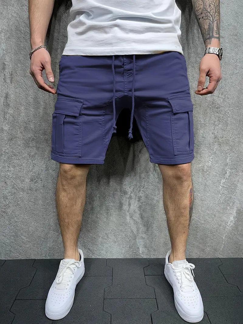 Men's cargo drawstring shorts, relaxed fit, multi-utility pockets, and elastic waist for ultimate comfort.