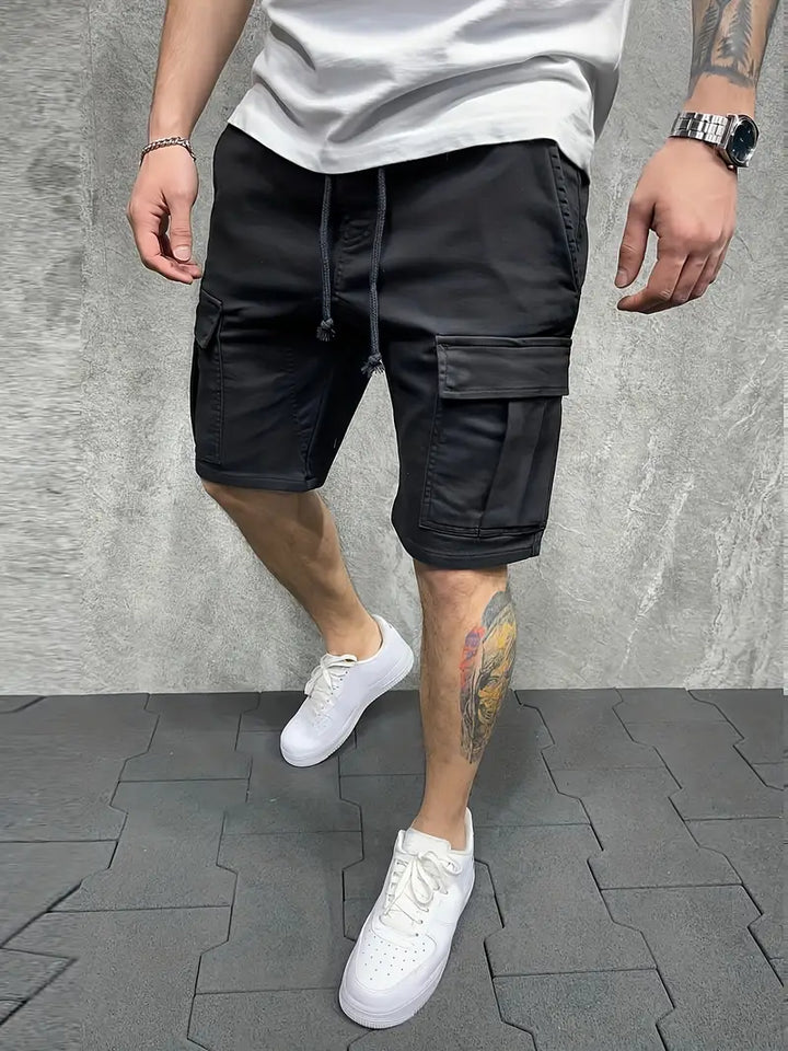 Utility-style men's drawstring cargo shorts, relaxed fit, multi-pocket design, elastic waist for maximum comfort.