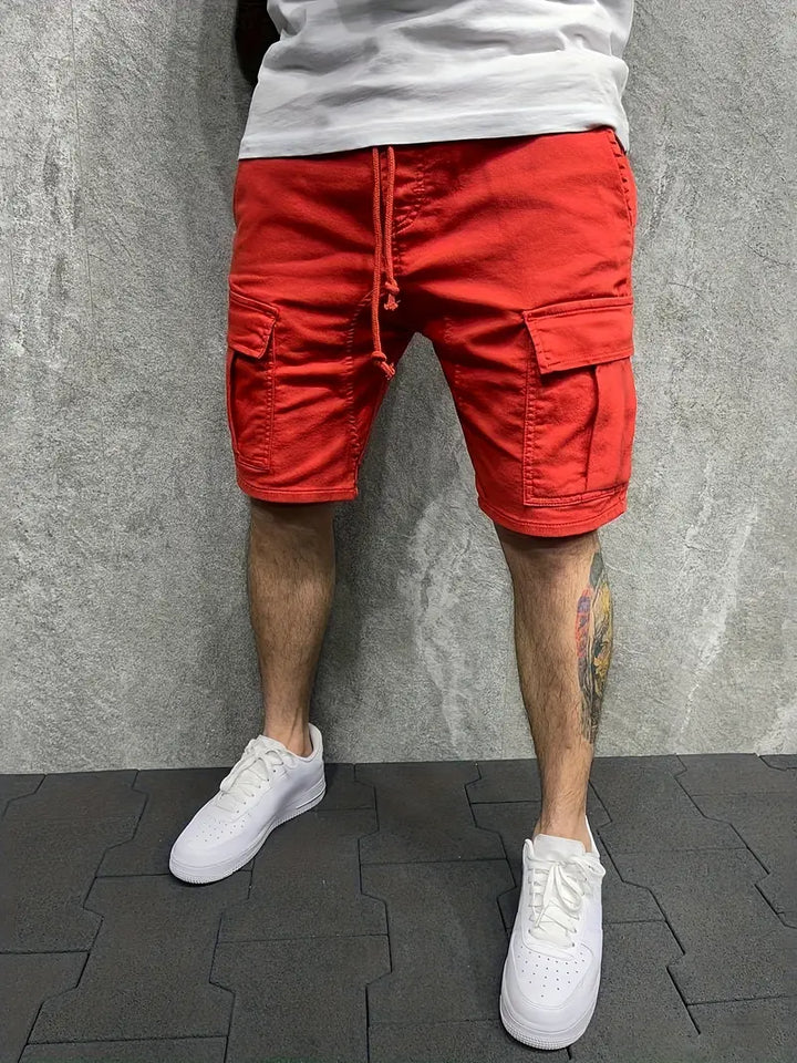 Casual men's summer cargo shorts with an adjustable drawstring and multiple pockets, offering comfort and style.