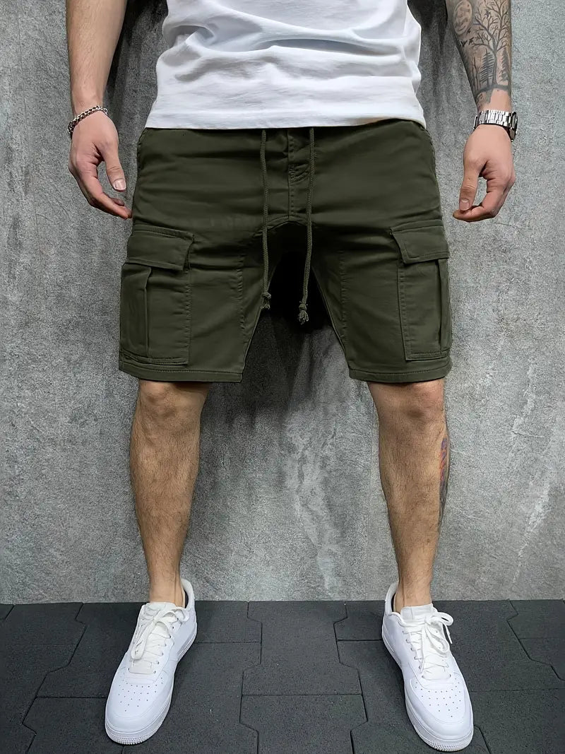 Durable men's multi-pocket cargo drawstring shorts with a relaxed fit and elastic waist, designed for comfort and utility.