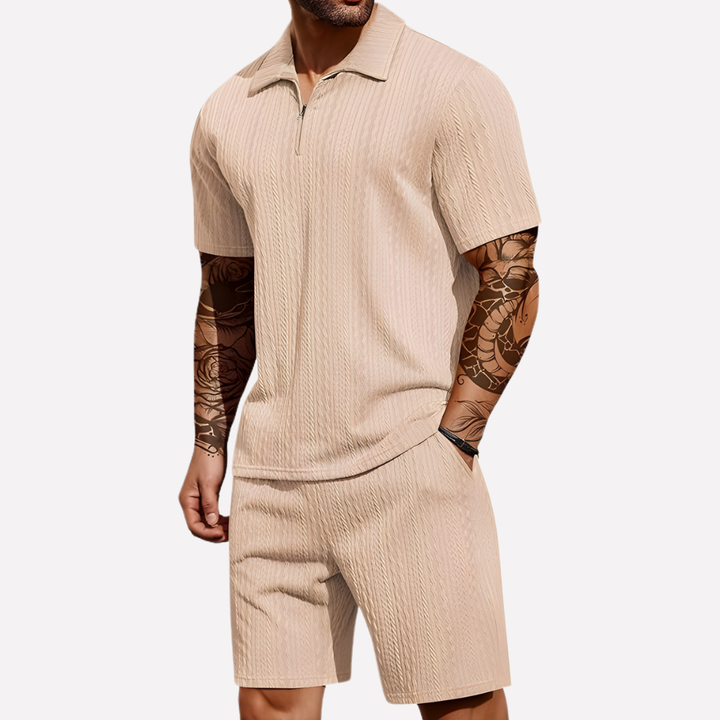 Versatile men's quarter zip polo shirt and shorts. Ideal casual set for warm weather activities.