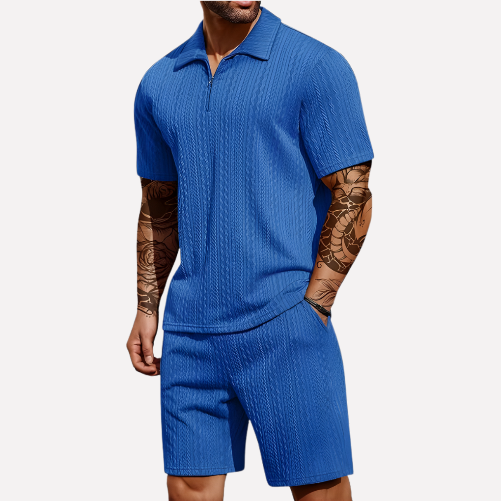 Men's casual two-piece outfit with a stylish polo and soft shorts. Great for summer loungewear.