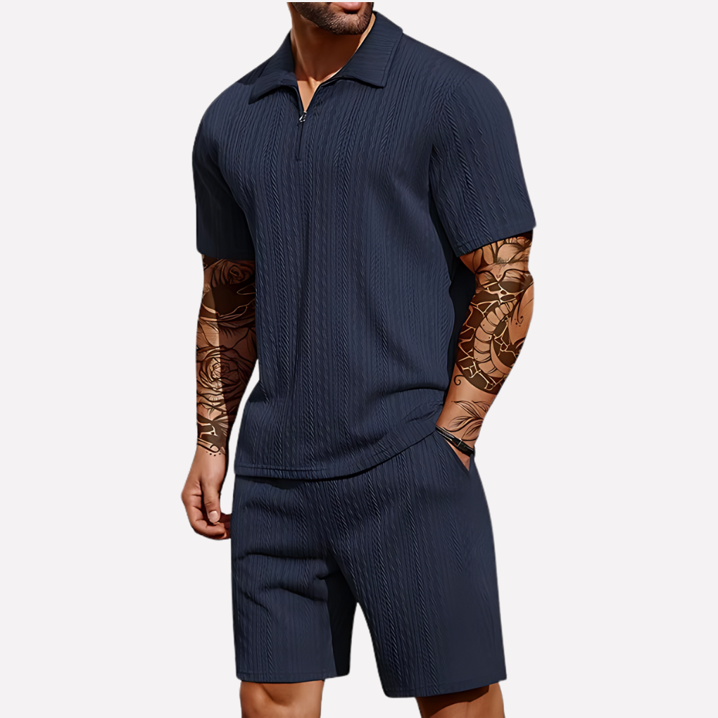 Men's two-piece outfit featuring a polo shirt & matching shorts. Great for casual comfort and warm weather.