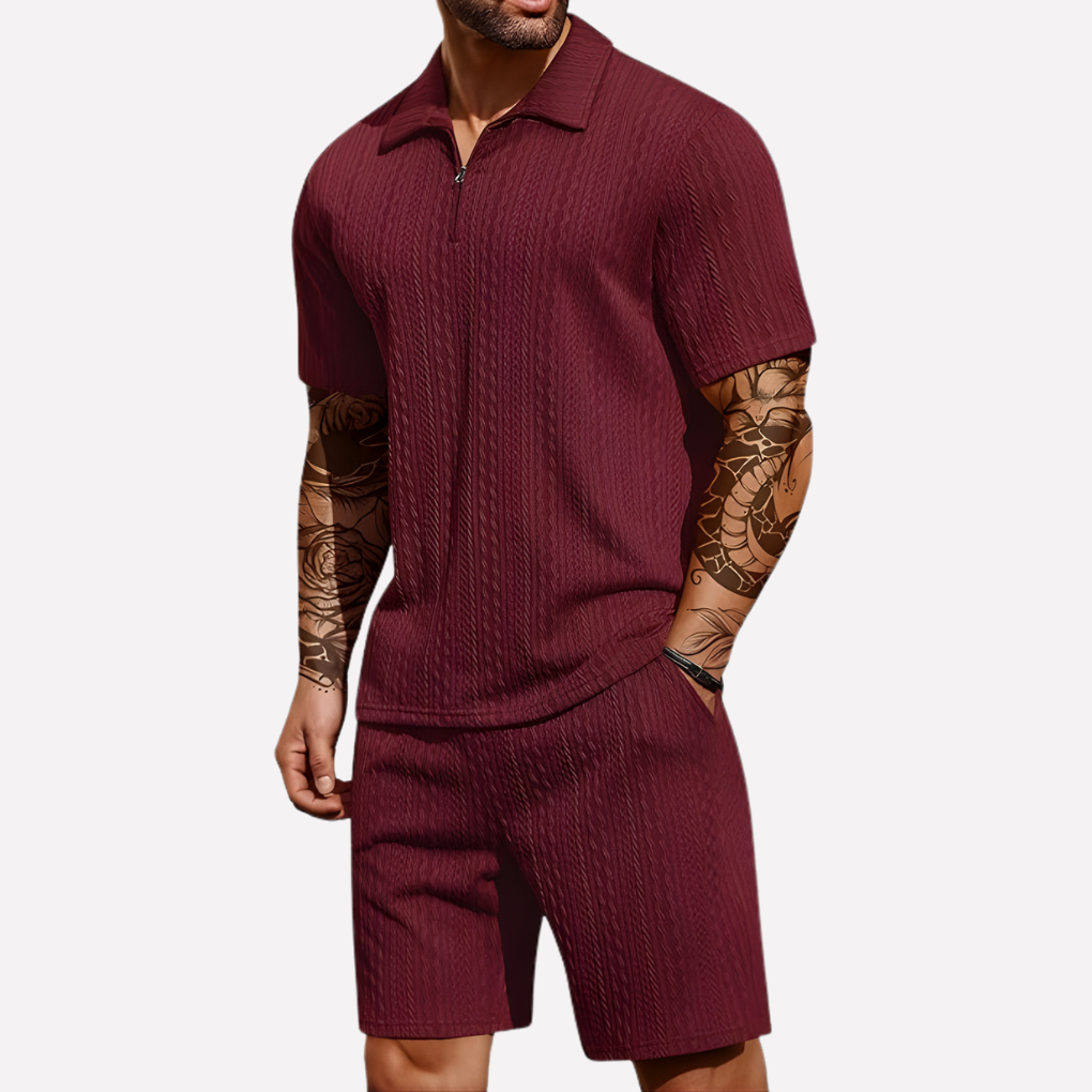 Warm weather men's set: short-sleeve polo & athletic shorts. Ideal for casual wear or home lounging.