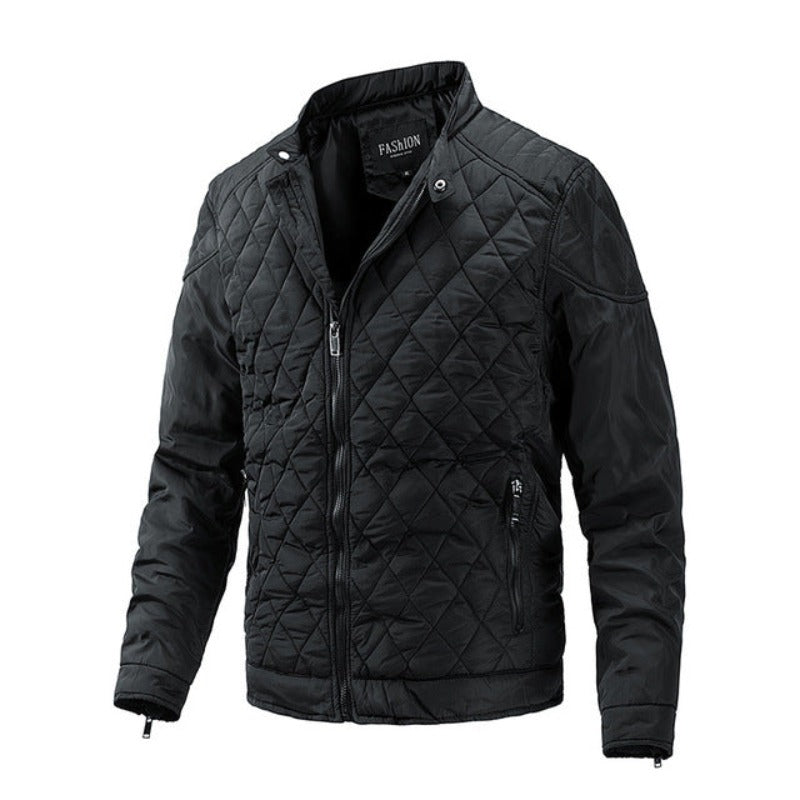 Stylish men's diamond pattern casual jacket. Versatile fall bomber jacket for everyday wear.