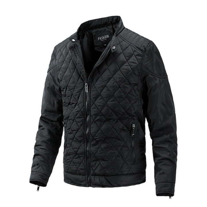 Stylish men's diamond pattern casual jacket. Versatile fall bomber jacket for everyday wear.