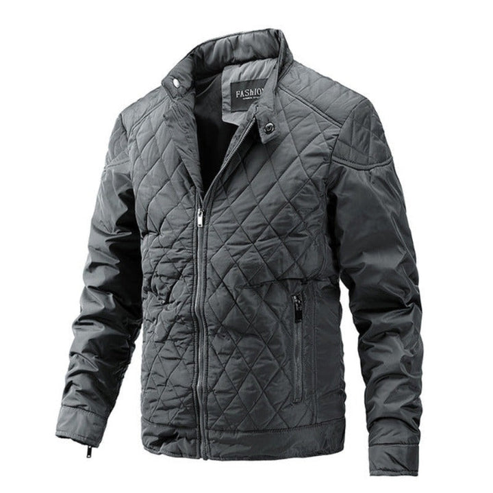 Autumn men's jacket featuring unique diamond pattern. Lightweight and comfortable casual outerwear.