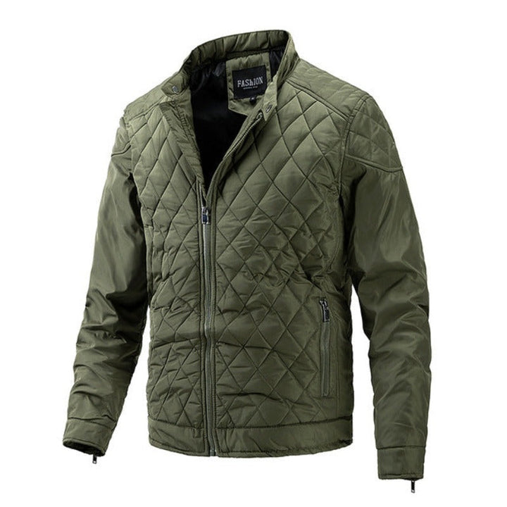Trendy men's fall jacket, casual fit with distinct diamond pattern. Ideal autumn bomber style.