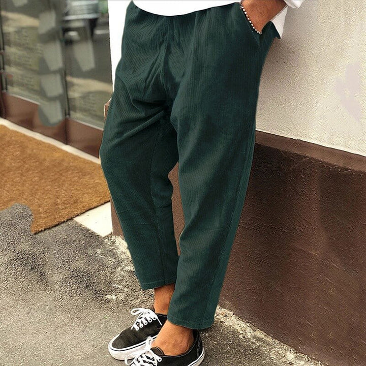 Close-up of men's durable corduroy pants texture, ideal for casual menswear fashion