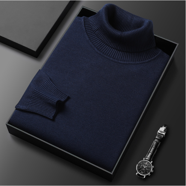 Close-up of a men's navy blue turtleneck knit sweater, highlighting the soft fabric texture for spring.