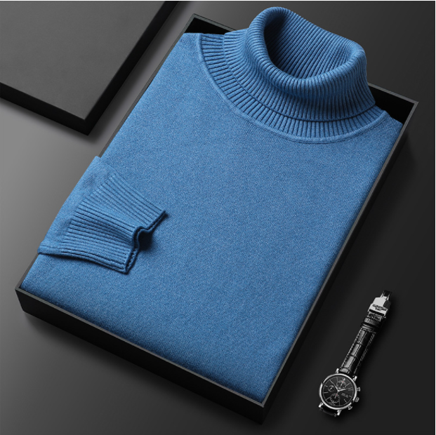 Detail shot of the ribbed turtleneck collar on a men's casual spring sweater, emphasizes quality.