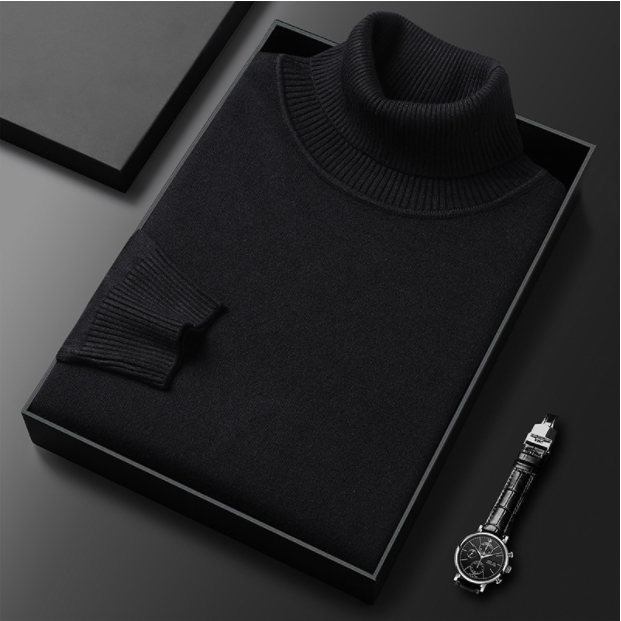 Full shot of men's turtleneck sweater in a light beige, a classic long sleeve pullover for spring.
